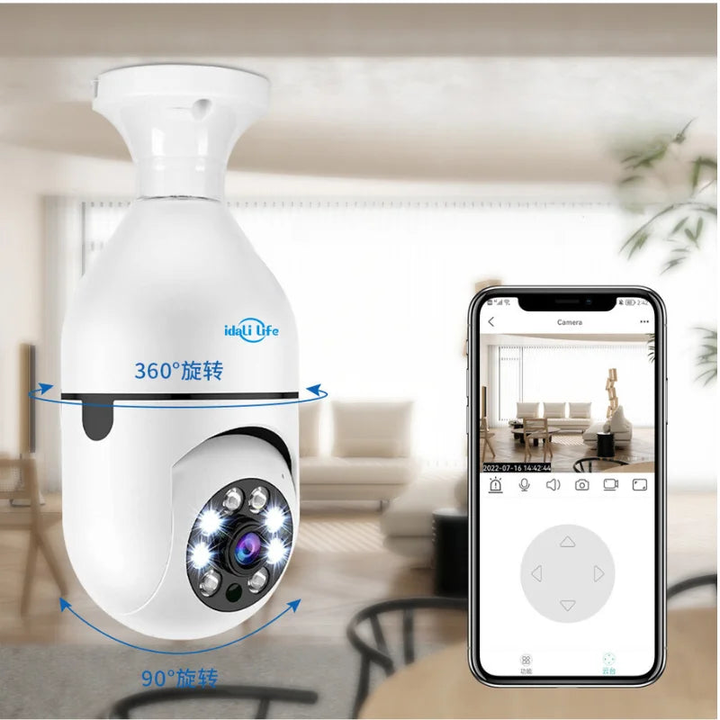 Monitoramento de lâmpada e rosca de câmera de segurança, câmera giratória Wi-Fi APP Dafu Life