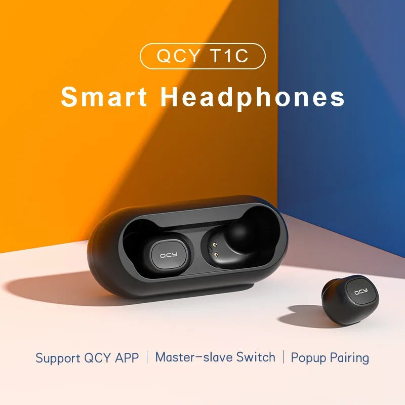 Qcy T1c Fones de Ouvido Proficionais via Bluetooth 5.0  stéreo com cancelamento ruído suporte app personalização