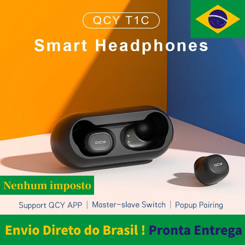 Qcy T1c Fones de Ouvido Proficionais via Bluetooth 5.0  stéreo com cancelamento ruído suporte app personalização