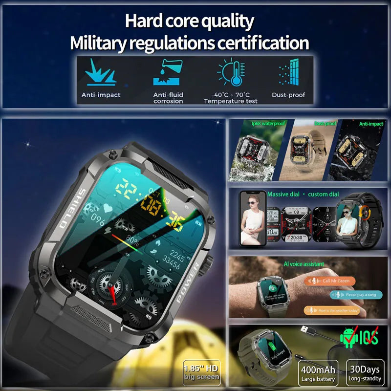 Relógio inteligente militar Profissional com  IA de voz / bluetooth chamada  / fitness à prova de água smartwatch para ios android telefone 2023